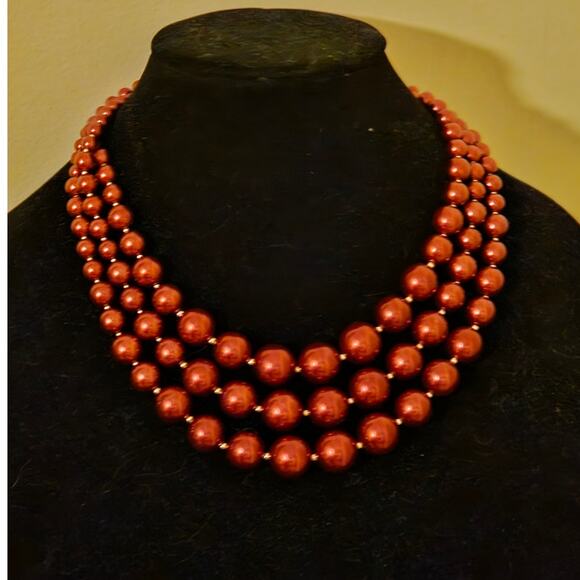 Charter Club Red Imitation Pearl Three-Row Collar Necklace ~ Statement Office - Picture 3 of 6